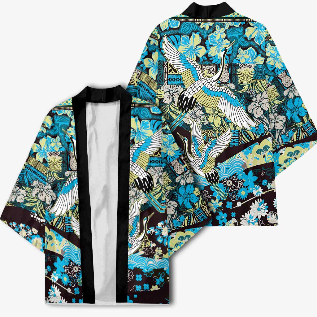Japanese Hawaiian Crane Kimono Blue Tapa Patchwork Pattern LT9 - Polynesian Pride