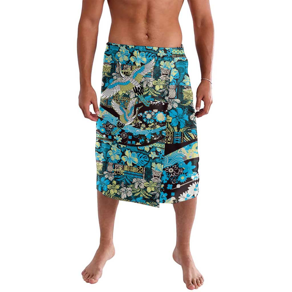 Japanese Hawaiian Crane Lavalava Blue Tapa Patchwork Pattern LT9 Blue - Polynesian Pride