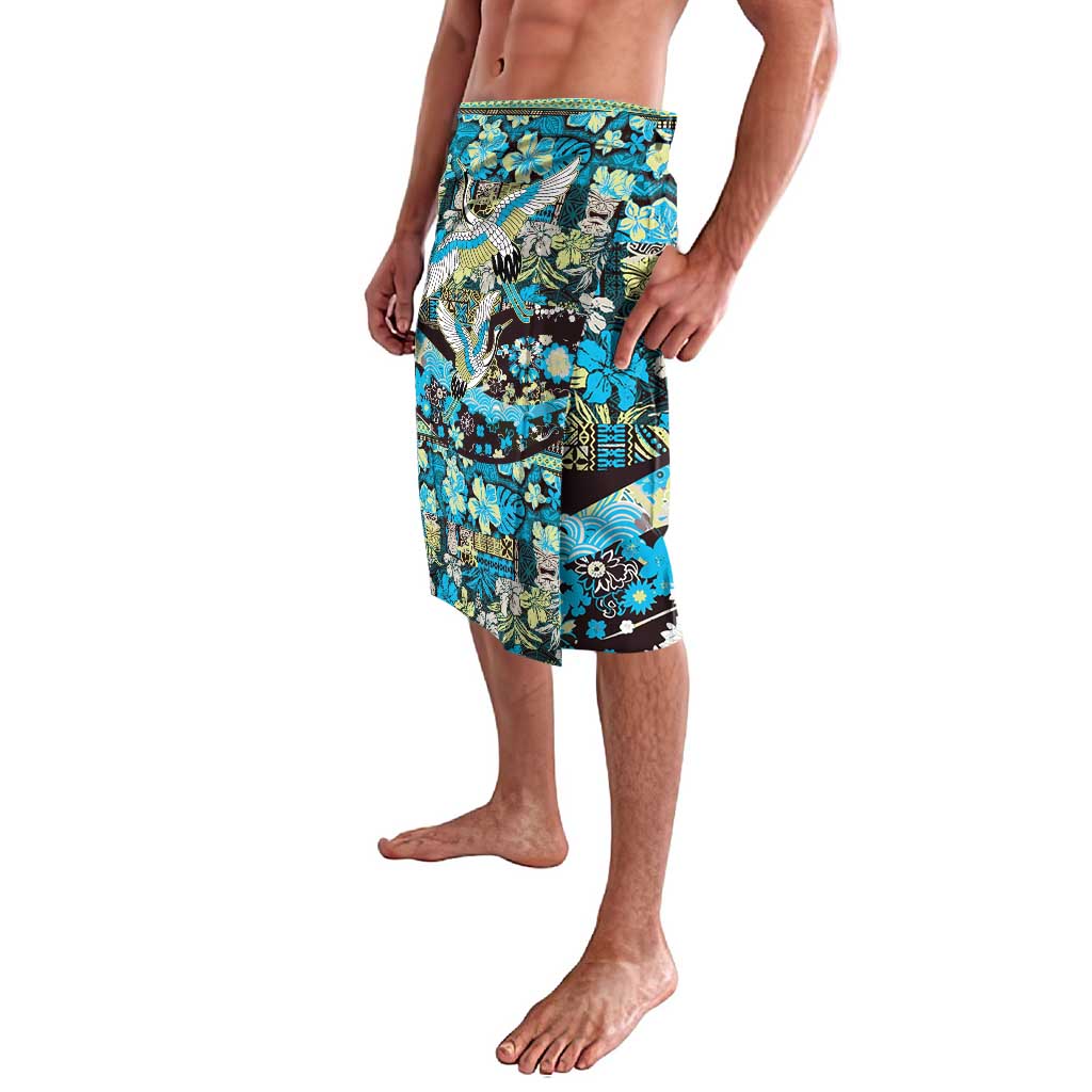 Japanese Hawaiian Crane Lavalava Blue Tapa Patchwork Pattern LT9 - Polynesian Pride