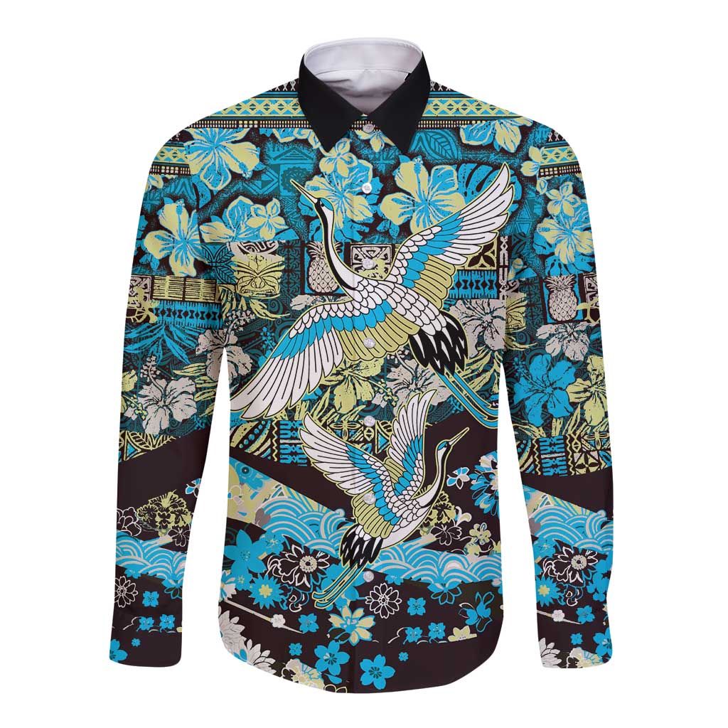 Japanese Hawaiian Crane Long Sleeve Button Shirt Blue Tapa Patchwork Pattern LT9 Unisex Blue - Polynesian Pride