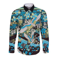 Japanese Hawaiian Crane Long Sleeve Button Shirt Blue Tapa Patchwork Pattern LT9 Unisex Blue - Polynesian Pride