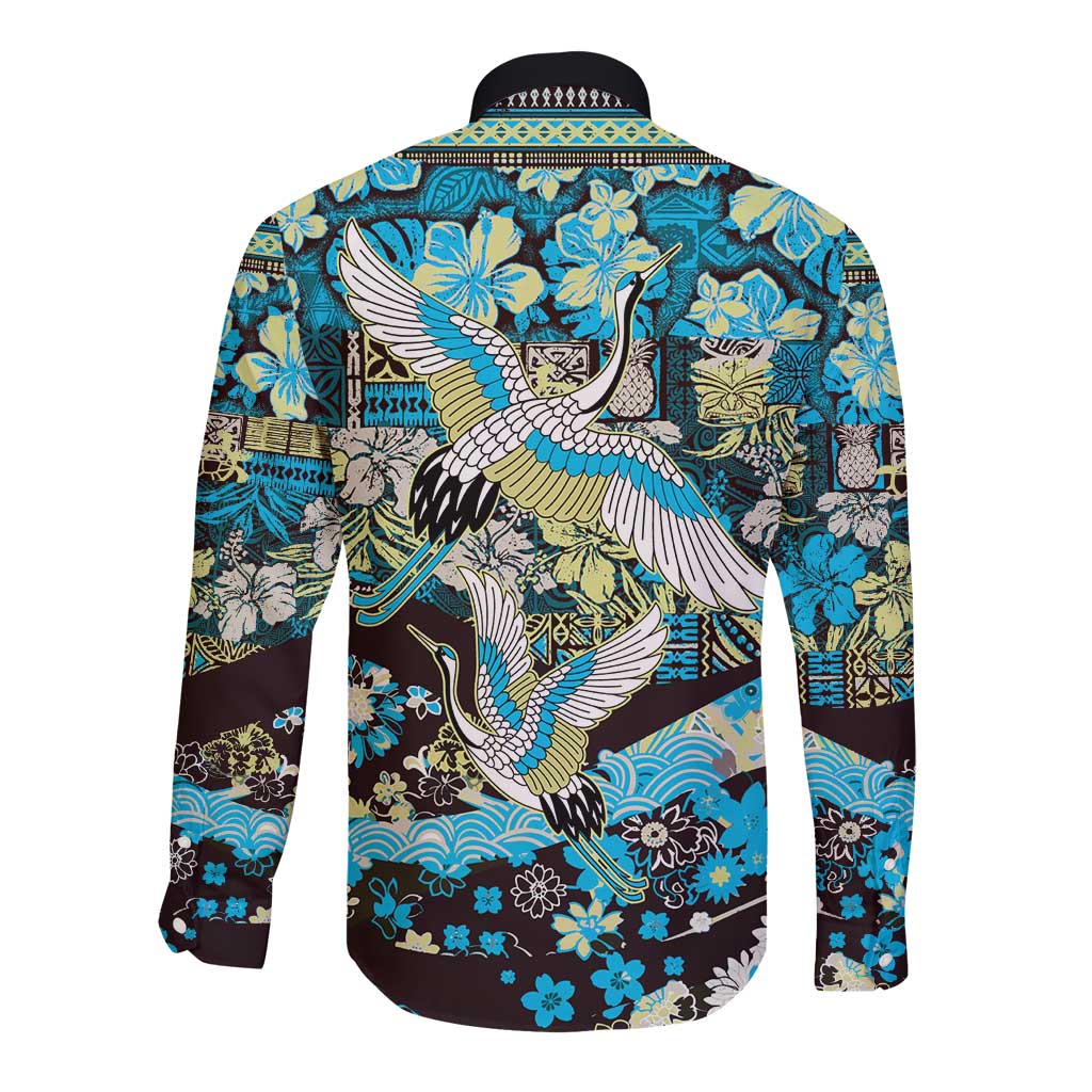 Japanese Hawaiian Crane Long Sleeve Button Shirt Blue Tapa Patchwork Pattern LT9 - Polynesian Pride