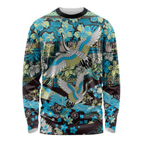 Japanese Hawaiian Crane Long Sleeve Shirt Blue Tapa Patchwork Pattern LT9 Unisex Blue - Polynesian Pride