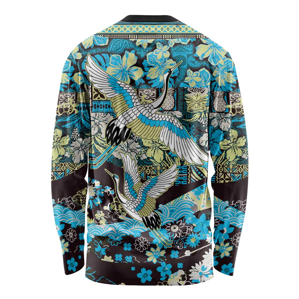Japanese Hawaiian Crane Long Sleeve Shirt Blue Tapa Patchwork Pattern LT9 - Polynesian Pride