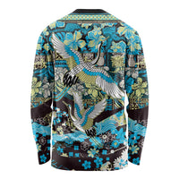 Japanese Hawaiian Crane Long Sleeve Shirt Blue Tapa Patchwork Pattern LT9 - Polynesian Pride