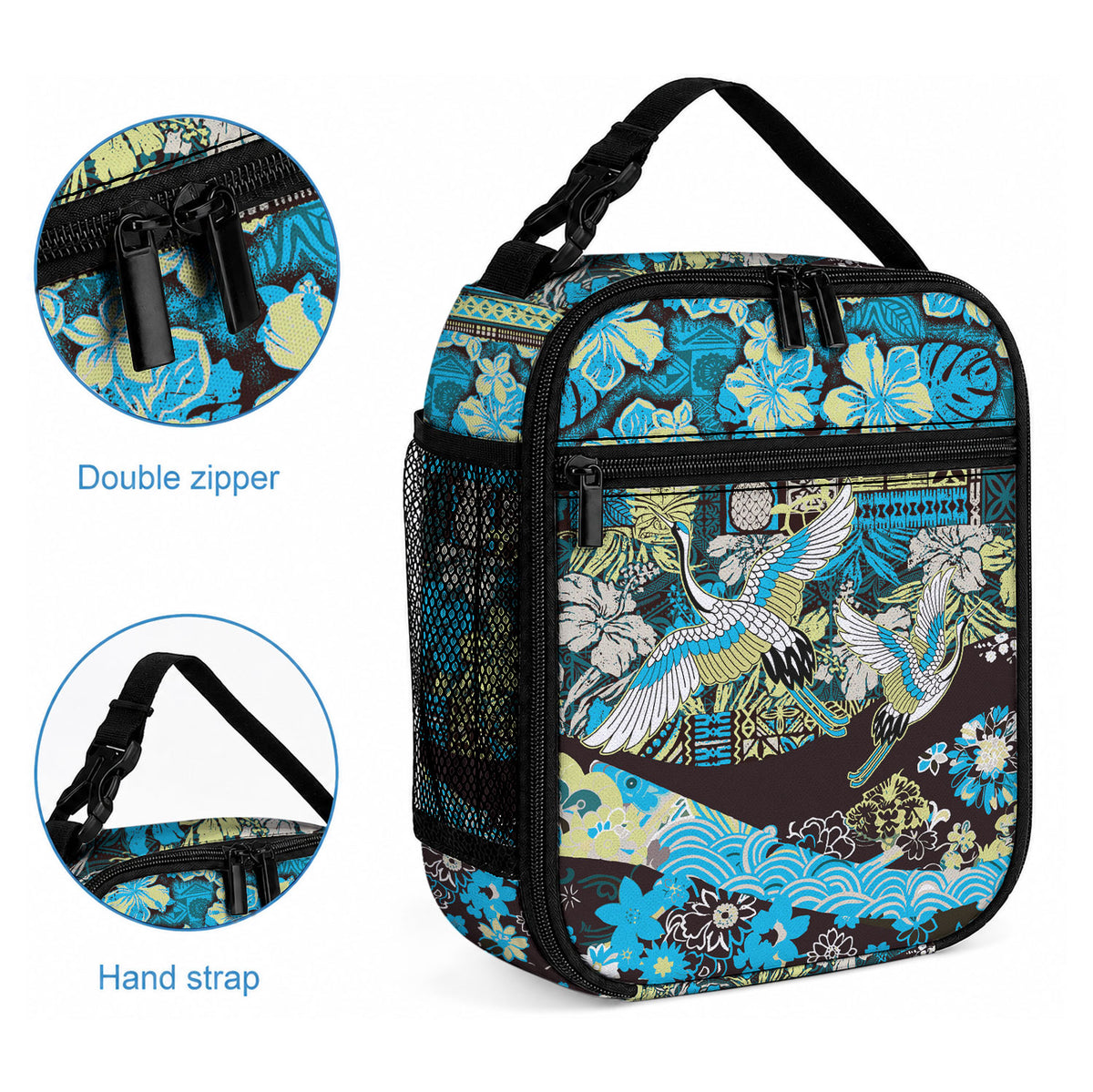 Japanese Hawaiian Crane Lunch Bag Blue Tapa Patchwork Pattern LT9 - Polynesian Pride