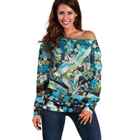 Japanese Hawaiian Crane Off Shoulder Sweater Blue Tapa Patchwork Pattern LT9 Women Blue - Polynesian Pride