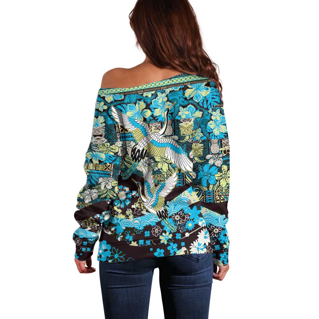 Japanese Hawaiian Crane Off Shoulder Sweater Blue Tapa Patchwork Pattern LT9 - Polynesian Pride