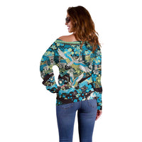Japanese Hawaiian Crane Off Shoulder Sweater Blue Tapa Patchwork Pattern LT9 - Polynesian Pride