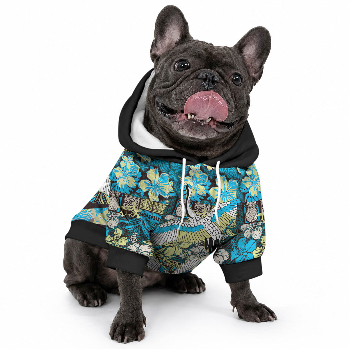Japanese Hawaiian Crane Pet Hoodie Blue Tapa Patchwork Pattern LT9 - Polynesian Pride