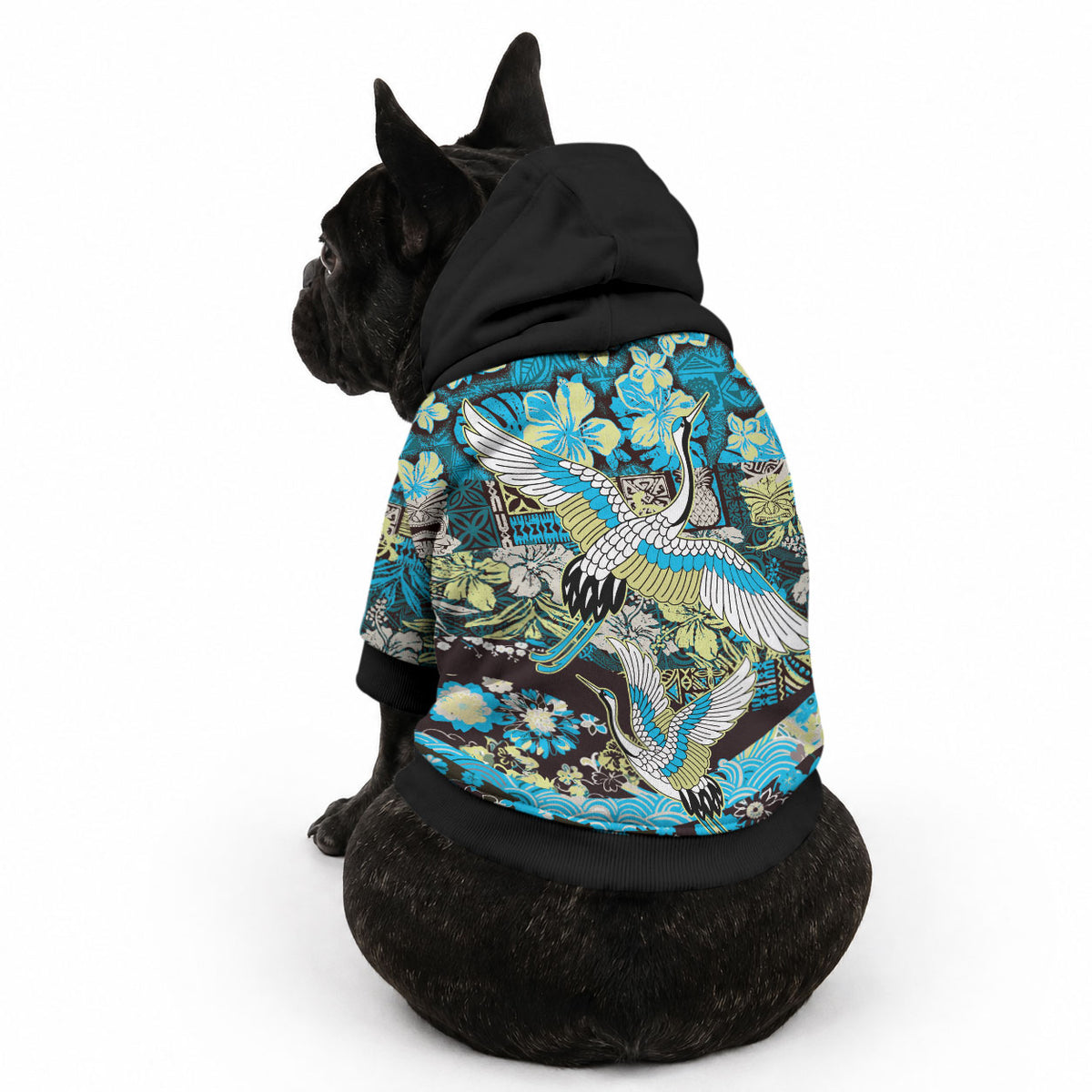 Japanese Hawaiian Crane Pet Hoodie Blue Tapa Patchwork Pattern LT9 - Polynesian Pride