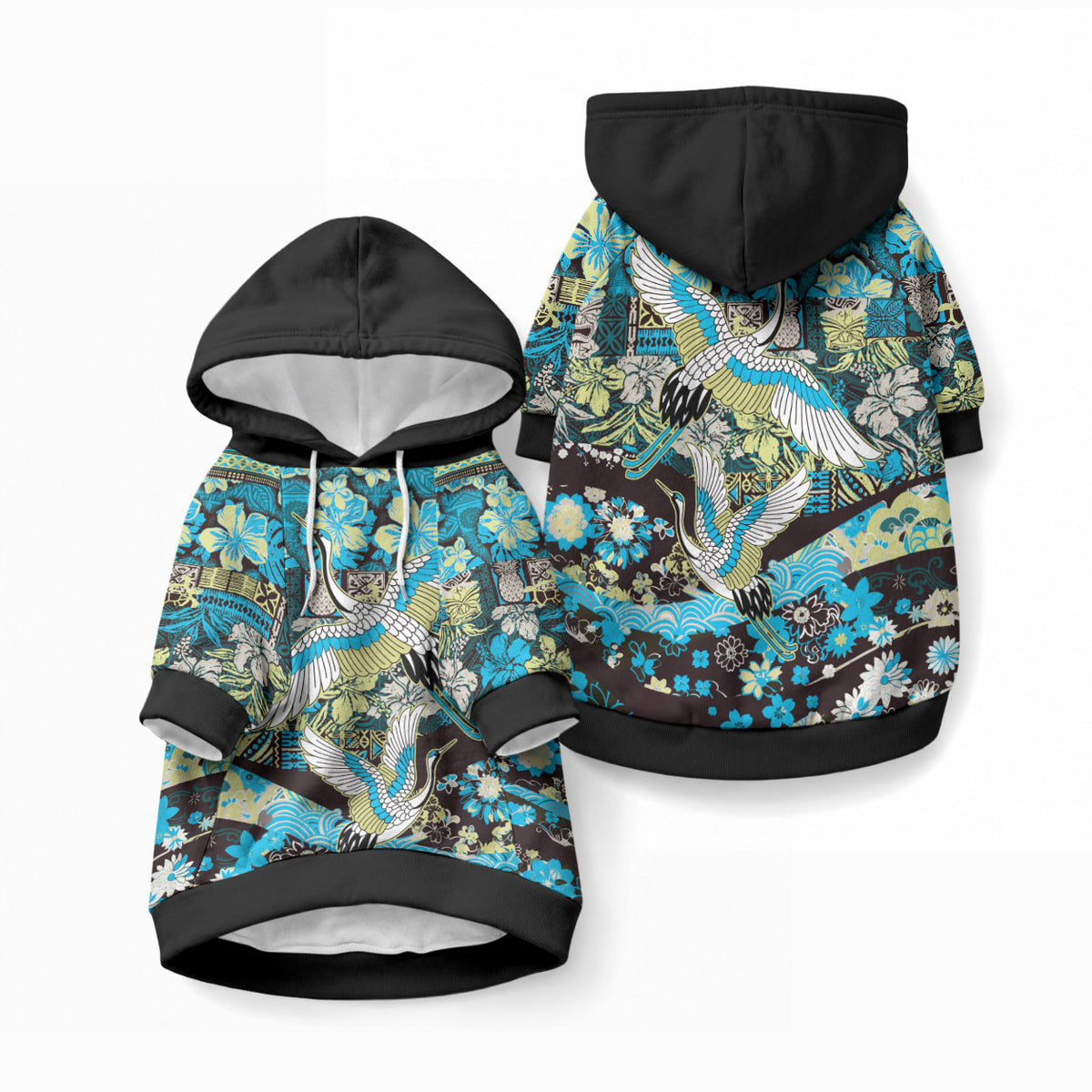 Japanese Hawaiian Crane Pet Hoodie Blue Tapa Patchwork Pattern LT9 Pullover Blue - Polynesian Pride