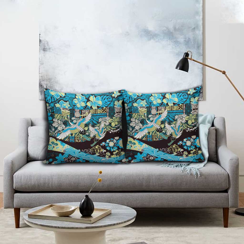 Japanese Hawaiian Crane Pillow Cover Blue Tapa Patchwork Pattern LT9 - Polynesian Pride