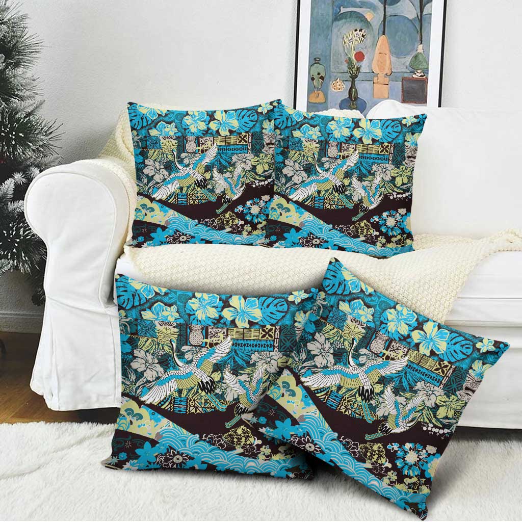 Japanese Hawaiian Crane Pillow Cover Blue Tapa Patchwork Pattern LT9 - Polynesian Pride