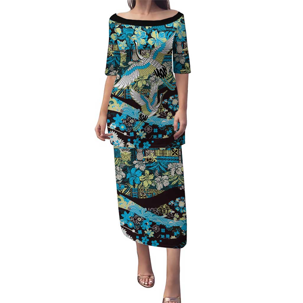 Japanese Hawaiian Crane Puletasi Blue Tapa Patchwork Pattern LT9 Long Dress Blue - Polynesian Pride