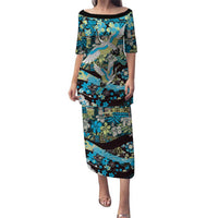 Japanese Hawaiian Crane Puletasi Blue Tapa Patchwork Pattern LT9 Long Dress Blue - Polynesian Pride