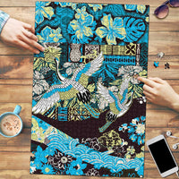 Japanese Hawaiian Crane Puzzle Blue Tapa Patchwork Pattern LT9 Blue - Polynesian Pride