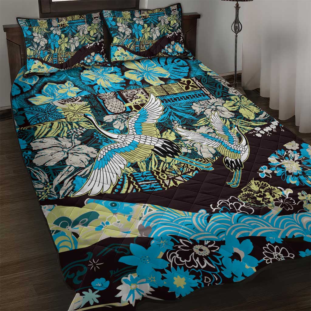 Japanese Hawaiian Crane Quilt Bed Set Blue Tapa Patchwork Pattern LT9 Blue - Polynesian Pride
