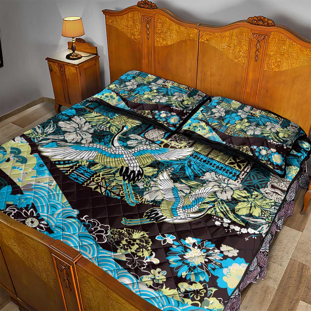 Japanese Hawaiian Crane Quilt Bed Set Blue Tapa Patchwork Pattern LT9 - Polynesian Pride