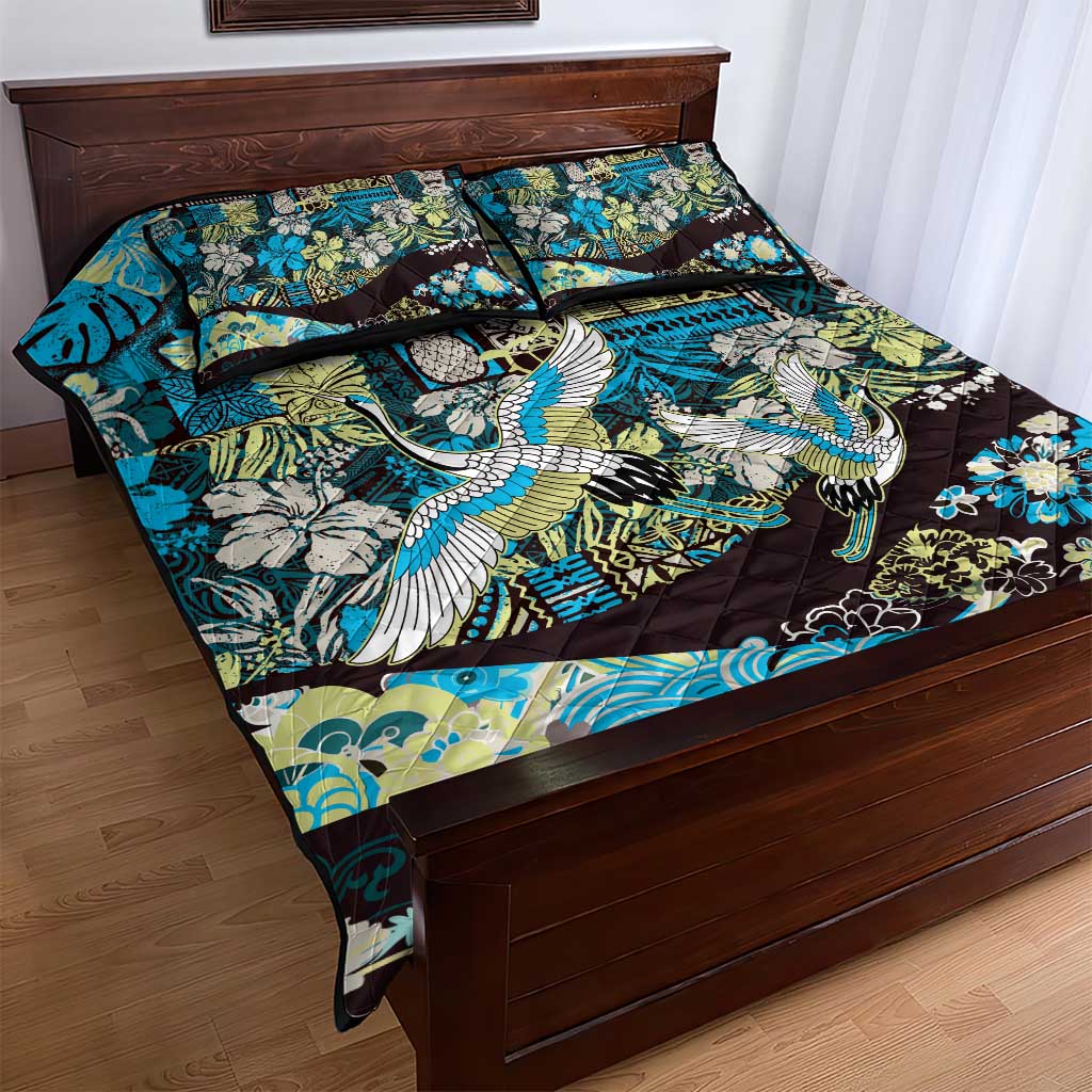 Japanese Hawaiian Crane Quilt Bed Set Blue Tapa Patchwork Pattern LT9 - Polynesian Pride