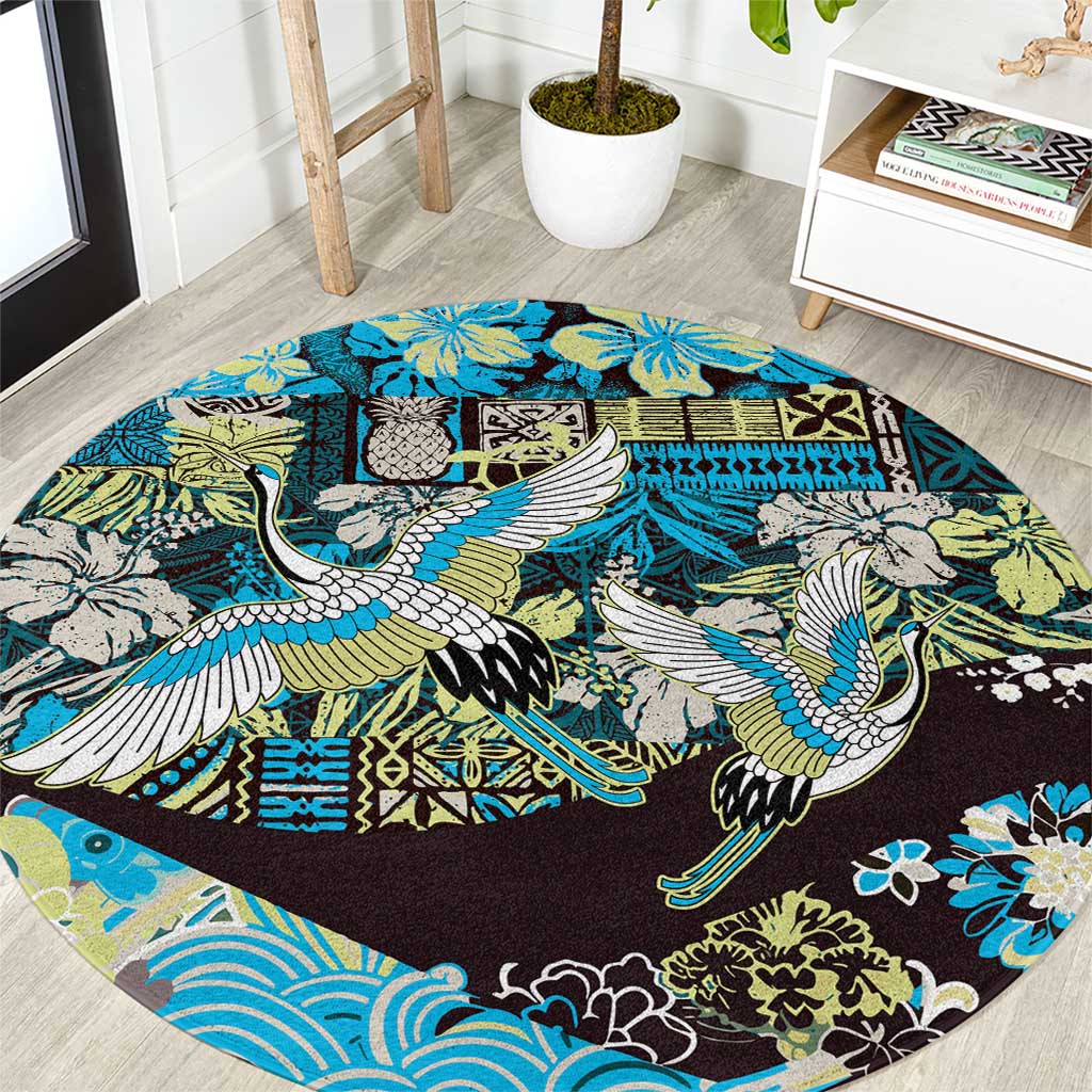 Japanese Hawaiian Crane Round Carpet Blue Tapa Patchwork Pattern LT9 Blue - Polynesian Pride