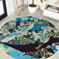 Japanese Hawaiian Crane Round Carpet Blue Tapa Patchwork Pattern LT9 Blue - Polynesian Pride