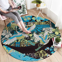 Japanese Hawaiian Crane Round Carpet Blue Tapa Patchwork Pattern LT9 - Polynesian Pride