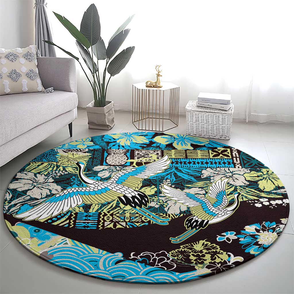 Japanese Hawaiian Crane Round Carpet Blue Tapa Patchwork Pattern LT9 - Polynesian Pride