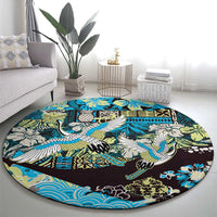 Japanese Hawaiian Crane Round Carpet Blue Tapa Patchwork Pattern LT9 - Polynesian Pride