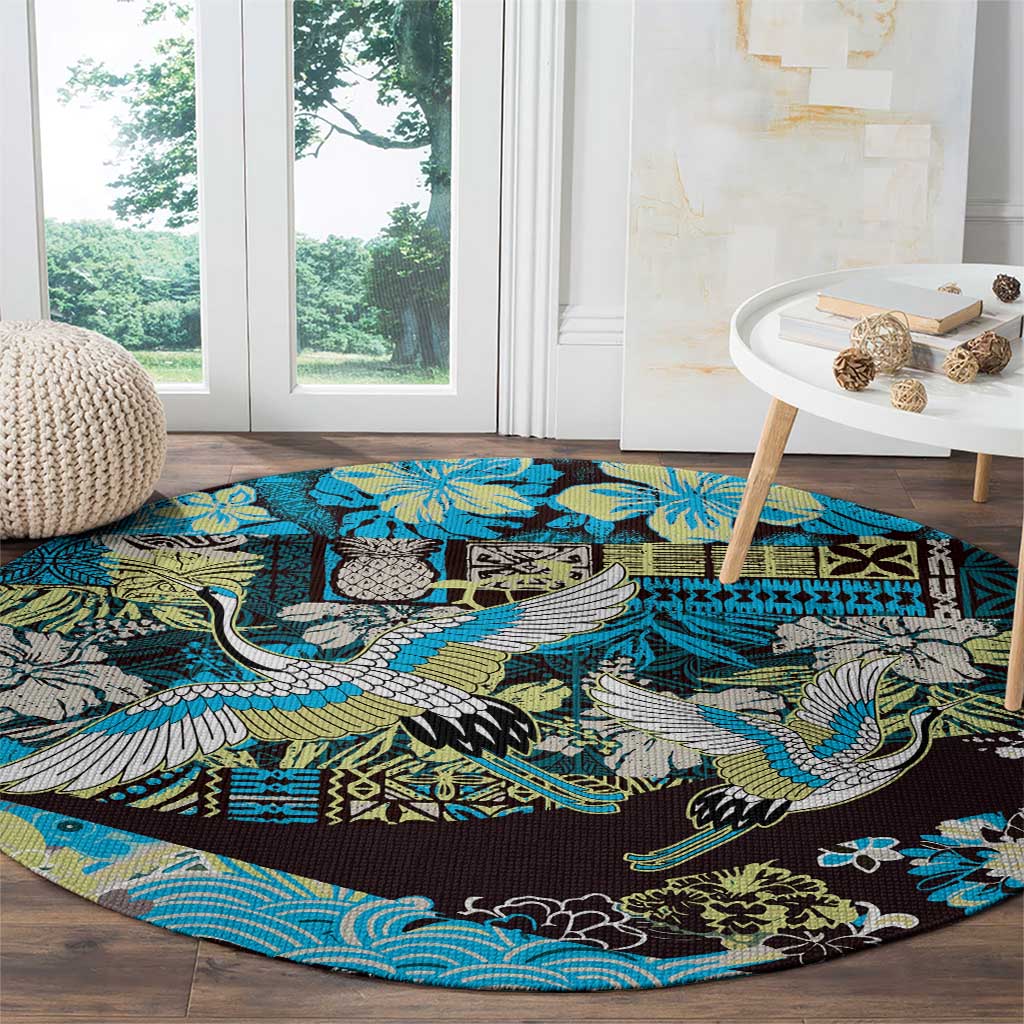 Japanese Hawaiian Crane Round Carpet Blue Tapa Patchwork Pattern LT9 - Polynesian Pride