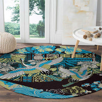 Japanese Hawaiian Crane Round Carpet Blue Tapa Patchwork Pattern LT9 - Polynesian Pride