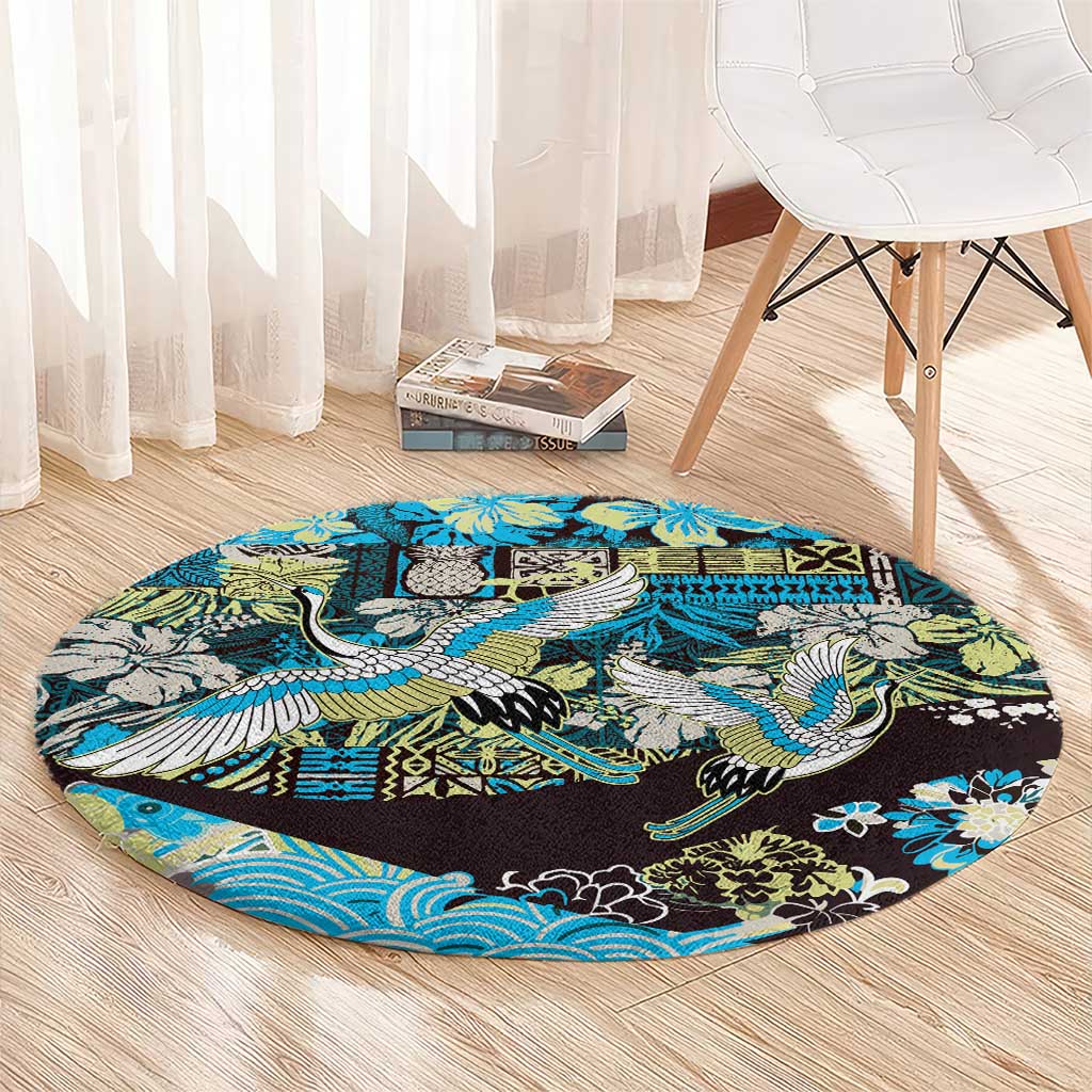 Japanese Hawaiian Crane Round Carpet Blue Tapa Patchwork Pattern LT9 - Polynesian Pride