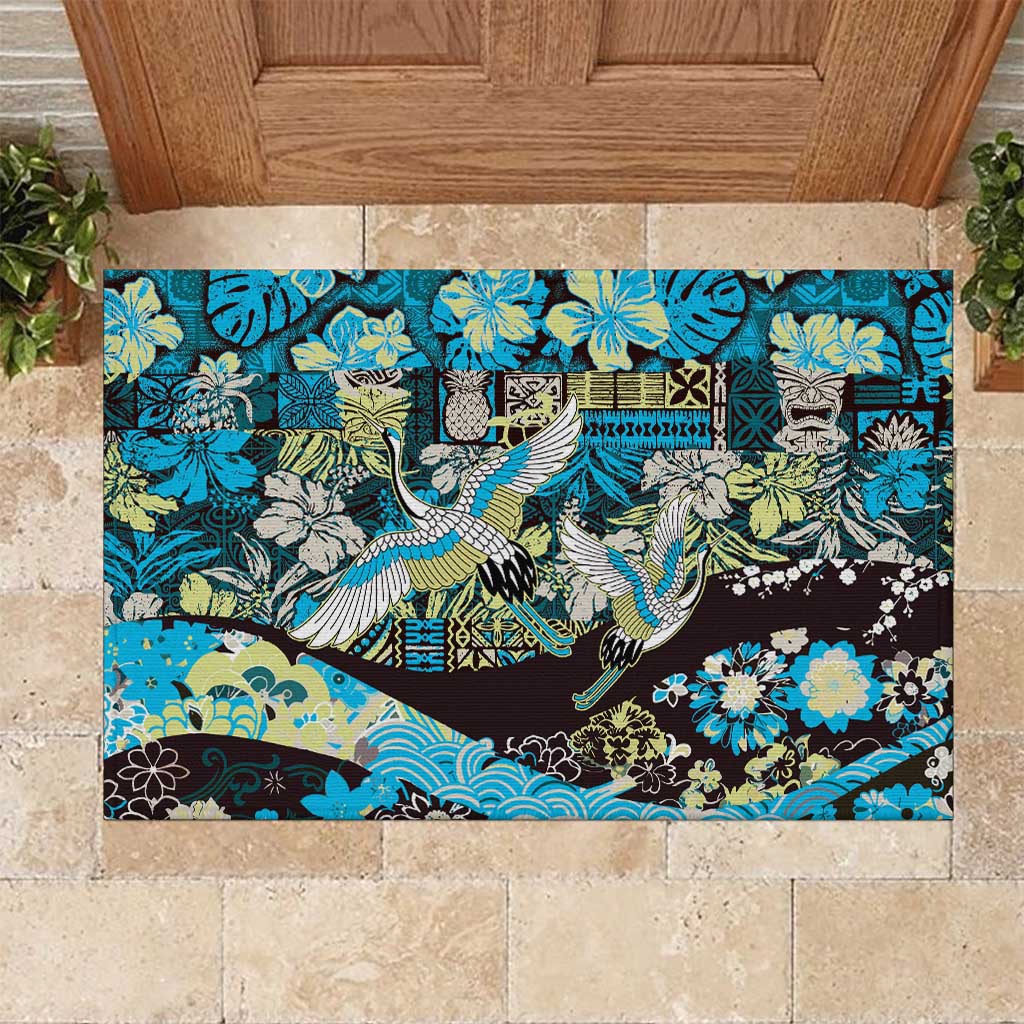 Japanese Hawaiian Crane Rubber Doormat Blue Tapa Patchwork Pattern LT9 Blue - Polynesian Pride