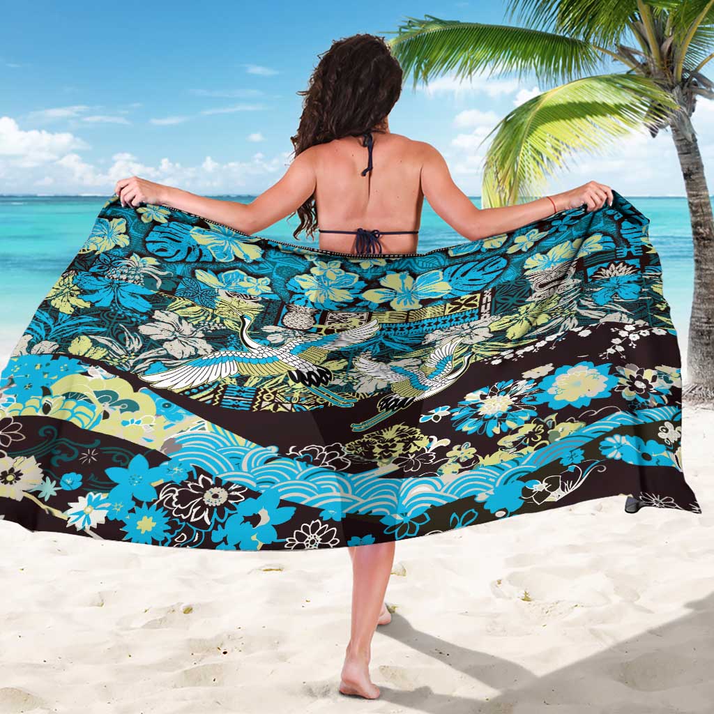Japanese Hawaiian Crane Sarong Blue Tapa Patchwork Pattern LT9 - Polynesian Pride