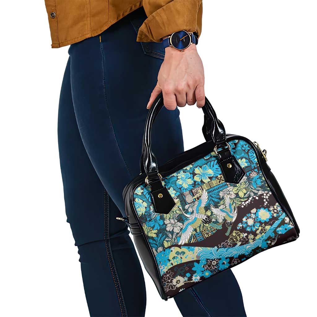 Japanese Hawaiian Crane Shoulder Handbag Blue Tapa Patchwork Pattern LT9 - Polynesian Pride