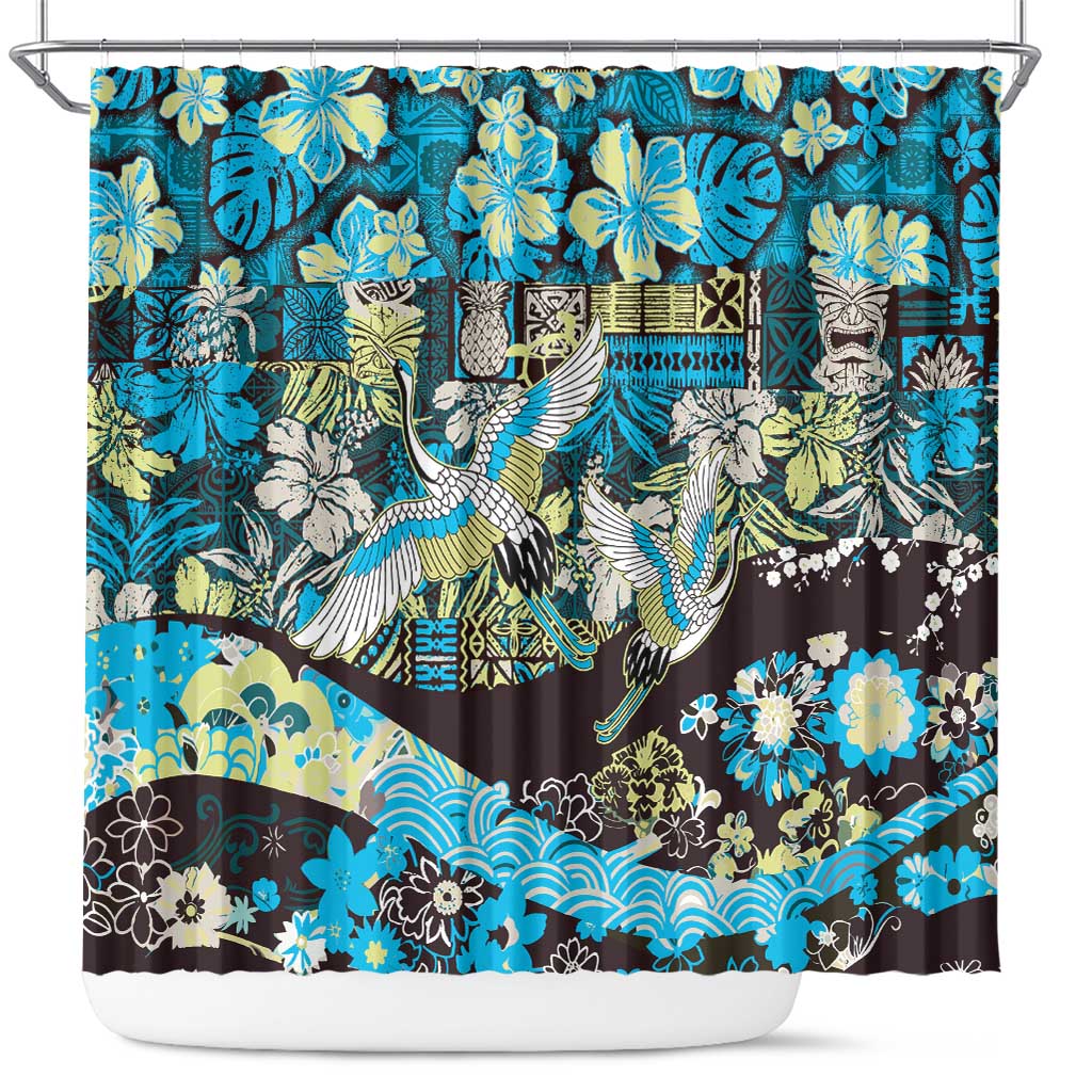 Japanese Hawaiian Crane Shower Curtain Blue Tapa Patchwork Pattern LT9 Blue - Polynesian Pride