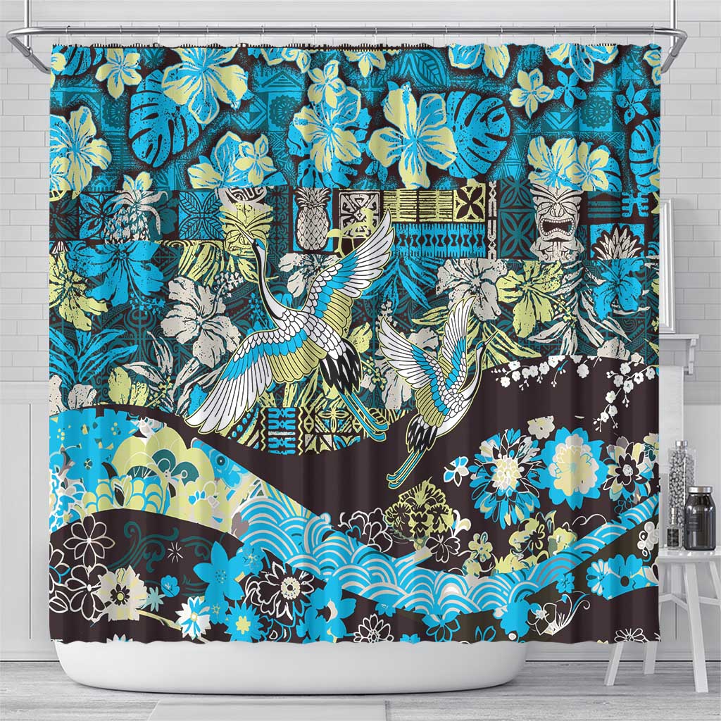 Japanese Hawaiian Crane Shower Curtain Blue Tapa Patchwork Pattern LT9 - Polynesian Pride