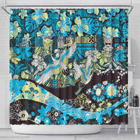 Japanese Hawaiian Crane Shower Curtain Blue Tapa Patchwork Pattern LT9 - Polynesian Pride