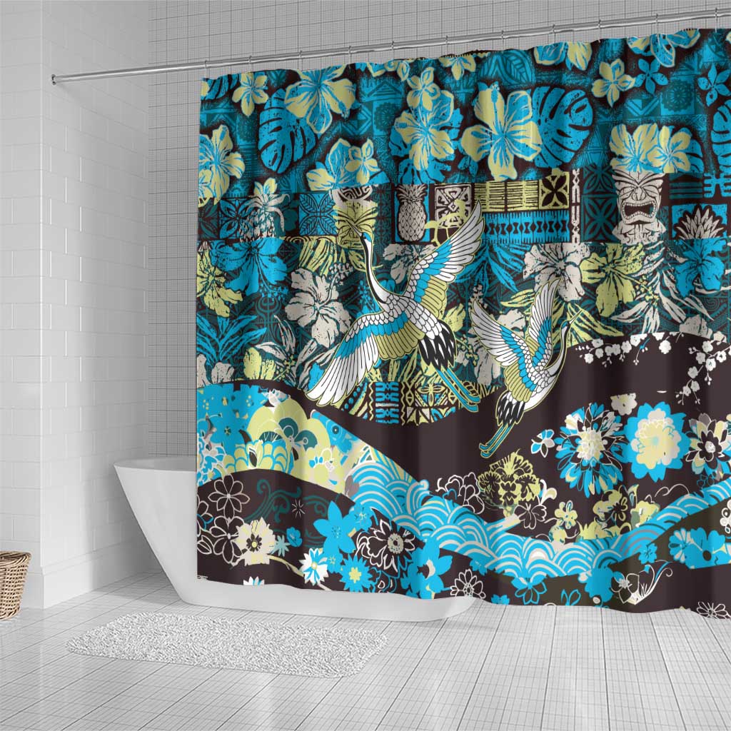 Japanese Hawaiian Crane Shower Curtain Blue Tapa Patchwork Pattern LT9 - Polynesian Pride