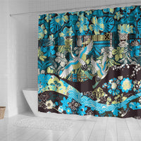 Japanese Hawaiian Crane Shower Curtain Blue Tapa Patchwork Pattern LT9 - Polynesian Pride