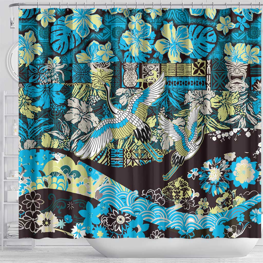 Japanese Hawaiian Crane Shower Curtain Blue Tapa Patchwork Pattern LT9 - Polynesian Pride