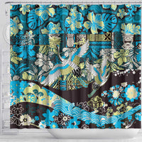 Japanese Hawaiian Crane Shower Curtain Blue Tapa Patchwork Pattern LT9 - Polynesian Pride