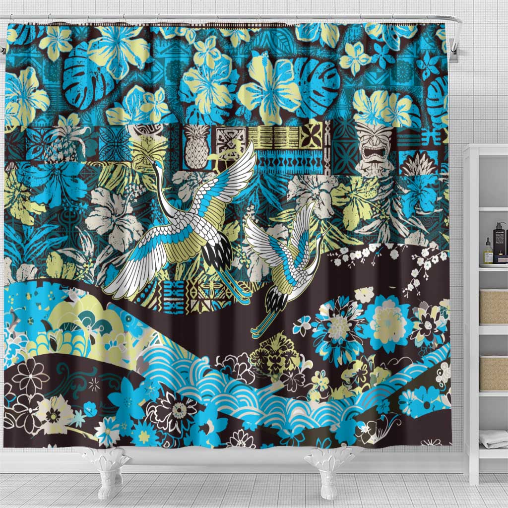 Japanese Hawaiian Crane Shower Curtain Blue Tapa Patchwork Pattern LT9 - Polynesian Pride