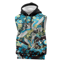 Japanese Hawaiian Crane Sleeveless Hoodie Blue Tapa Patchwork Pattern LT9 Blue - Polynesian Pride
