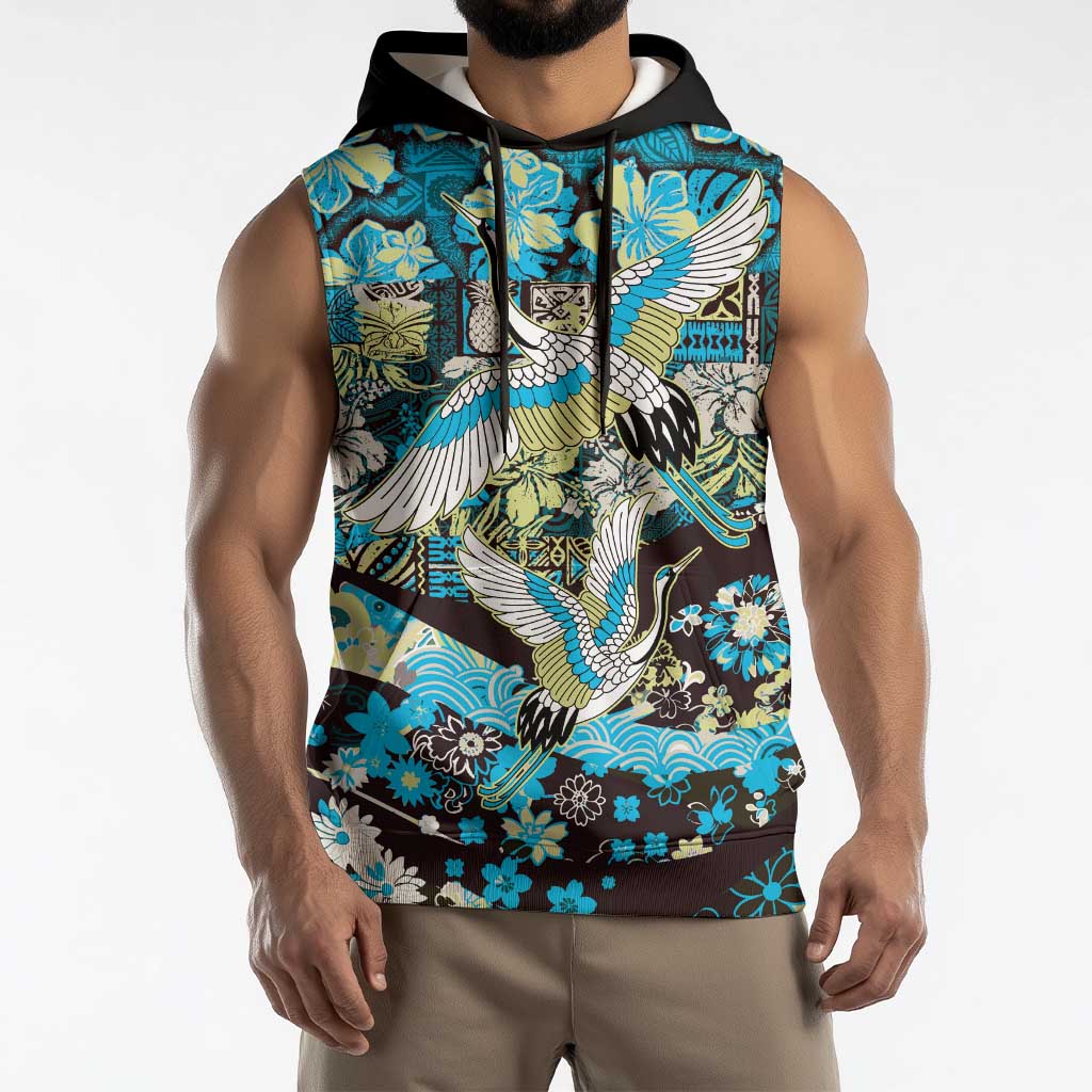 Japanese Hawaiian Crane Sleeveless Hoodie Blue Tapa Patchwork Pattern LT9 - Polynesian Pride