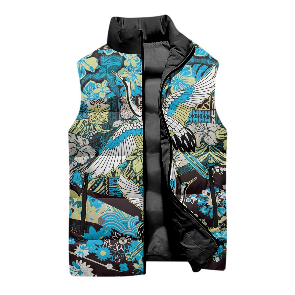 Japanese Hawaiian Crane Sleeveless Puffer Jacket Blue Tapa Patchwork Pattern LT9 - Polynesian Pride