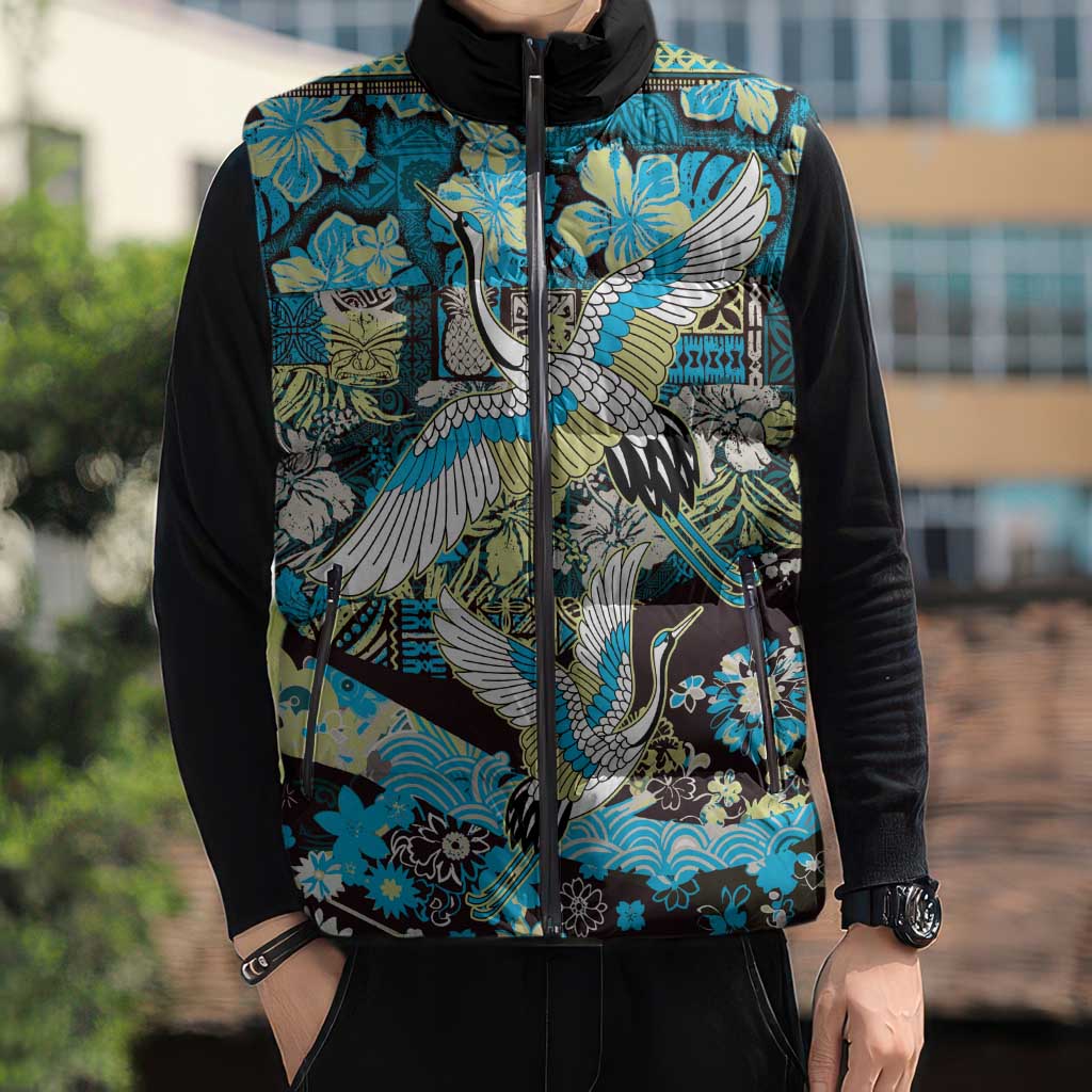 Japanese Hawaiian Crane Sleeveless Puffer Jacket Blue Tapa Patchwork Pattern LT9 - Polynesian Pride
