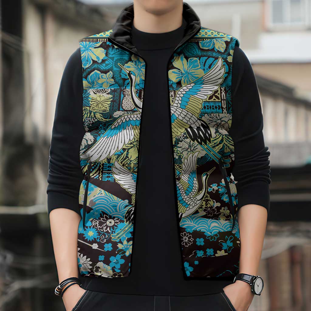 Japanese Hawaiian Crane Sleeveless Puffer Jacket Blue Tapa Patchwork Pattern LT9 - Polynesian Pride