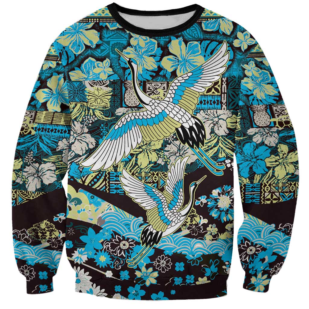 Japanese Hawaiian Crane Sweatshirt Blue Tapa Patchwork Pattern LT9 Unisex Blue - Polynesian Pride