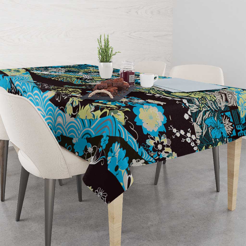 Japanese Hawaiian Crane Tablecloth Blue Tapa Patchwork Pattern LT9 - Polynesian Pride